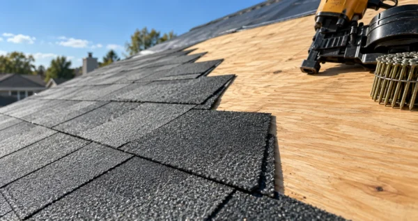 Roofing crew installing new architectural shingles during a roof replacement in Wichita KS